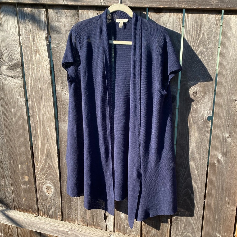 Eileen Fisher navy XL Lagonlook open front side slit short sleeve cardigan
